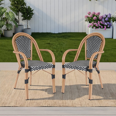 French Bistro Chairs Set of 2 , Hand-Woven PE Rattan Outdoor Arm Dining Chairs with Metal Frame for Garden Balcony, White/Black
