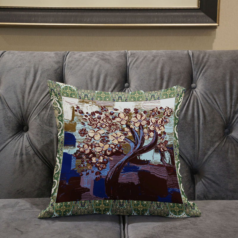 Housse et insert de coussin carré en polyester intérieur / extérieur, 20 po x 20 po, Brun / Vert / Mauve