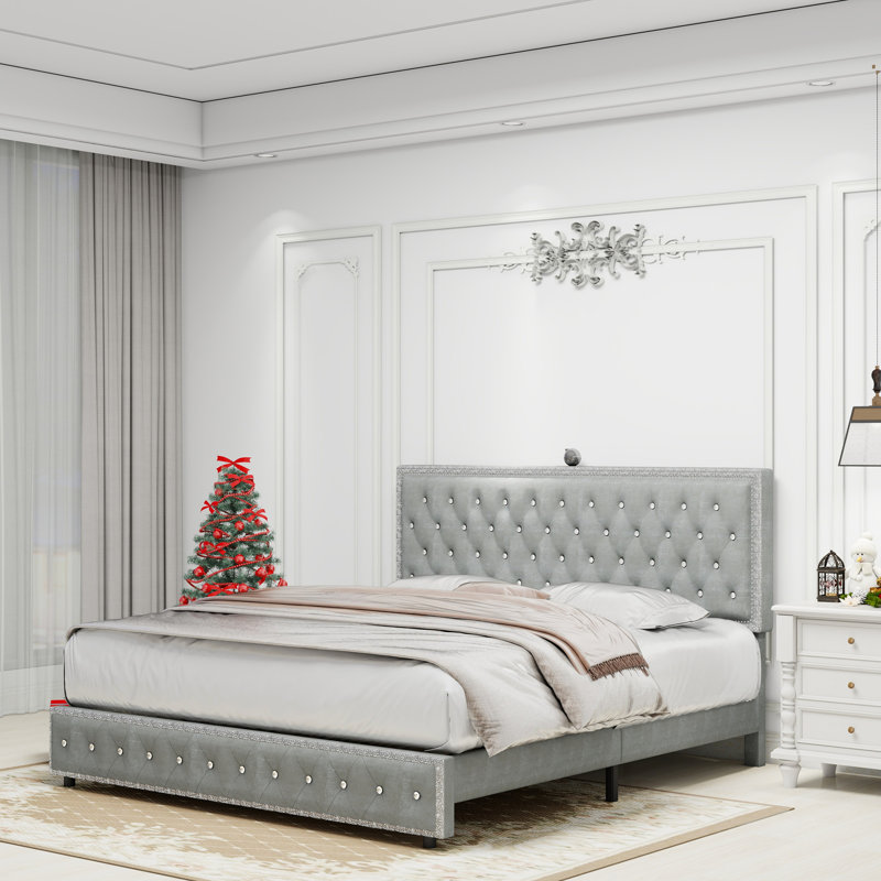Cadre de lit avec projecteur étoile Galaxy Light, tête de lit tapissier réglable avec bouton en diamant, chargeur USB, haut-parleur de musique, velours