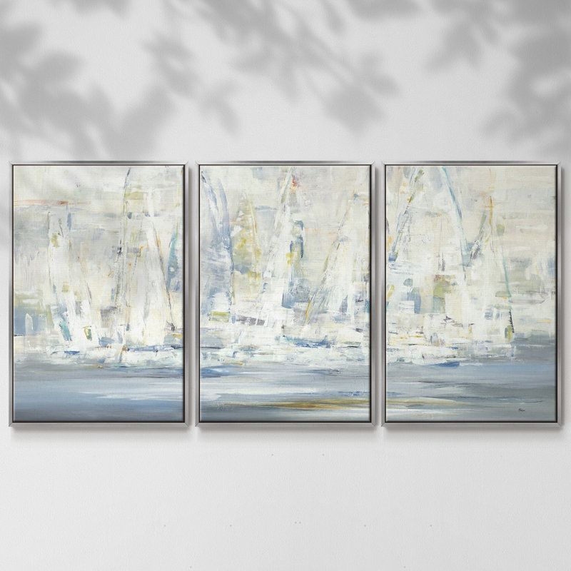 Regatta Time - 3 pièces, reproduction encadrée sur toile, H 36 po x l 75 po x P 2 po, Argent