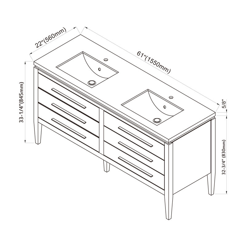 Alonsa 61" Double Bathroom Vanity with Resin Top, Blue/Brass, Double