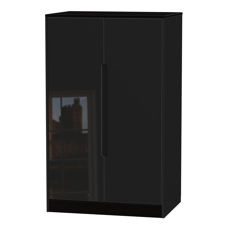 Vernon 2 Door Manufactured Wood Wardrobe, Black Gloss/Black Gloss, H197 x W74 x D53cm, Standard
