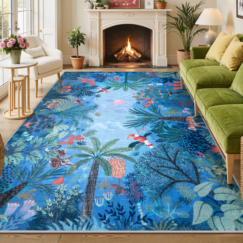 Washable Bedroom Rug 8x10, Modern Blue Botanical Rug for Living Room Playroom Non-Slip Jungle Print Rugs for Nursery 