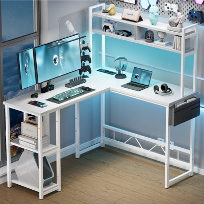 L-Shape Computer Desk 160cm x 50cm x 75cm with Adjustable Storage Rack