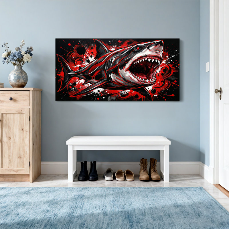Animals Red Shark With Open Mouth And Splatter Design, 28" H x 58" W