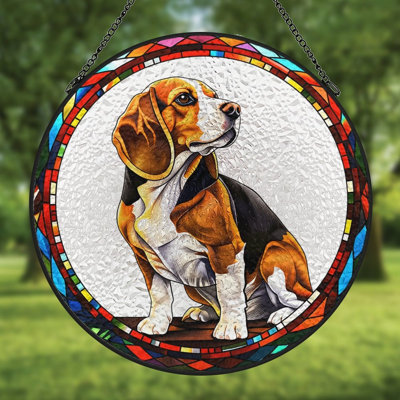 Stained Glass Beagle In Round Frame Stained Glass Panels Suncatcher for Window Decor