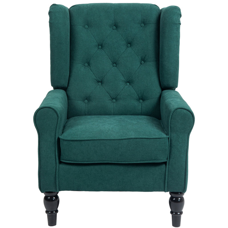 Button-Tufted Accent Chair with High Wingback, Rounded Cushioned Armrests and Thick Padded Seat, Dark Green, Green Fabric