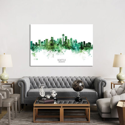 Seattle Washington Skyline Green by Michael Tompsett - Wrapped Canvas Print