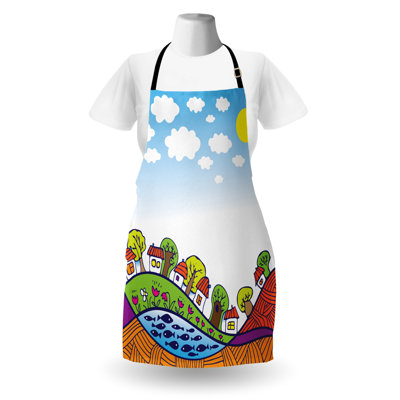 East Urban Home Lake House Apron Unisex Doodle Houses on Meadows Adult Size Deep Sky Blue Multicolor