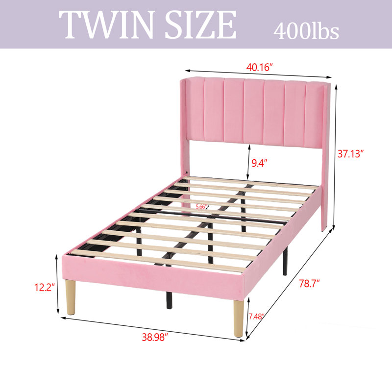 Upholstered Platform Bed Frame, Twin, Pink