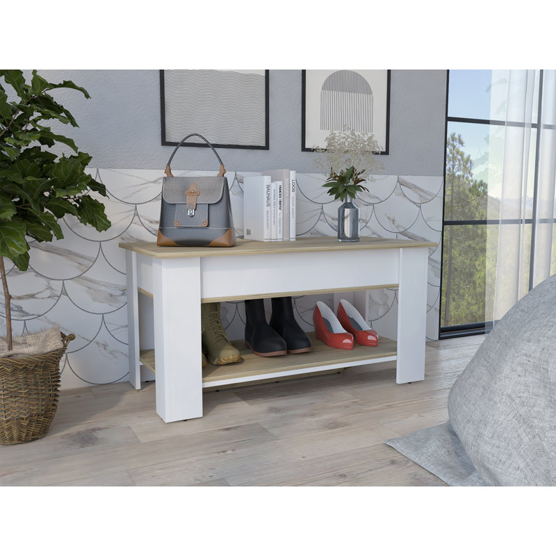 Austin 40" Wide Storage Table with 1 Extendable Shelf, 4 Legs and Lower Shelf, White, Light Oak/White