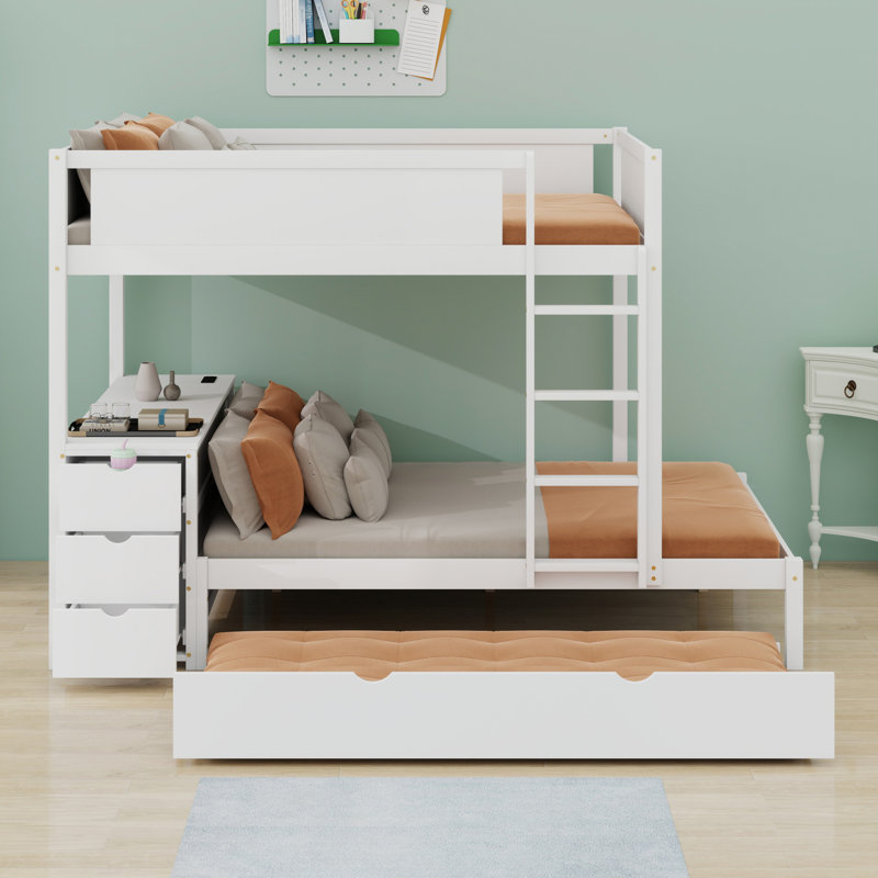 Lit superposé avec lit gigogne, bureau avec tiroirs, Blanc