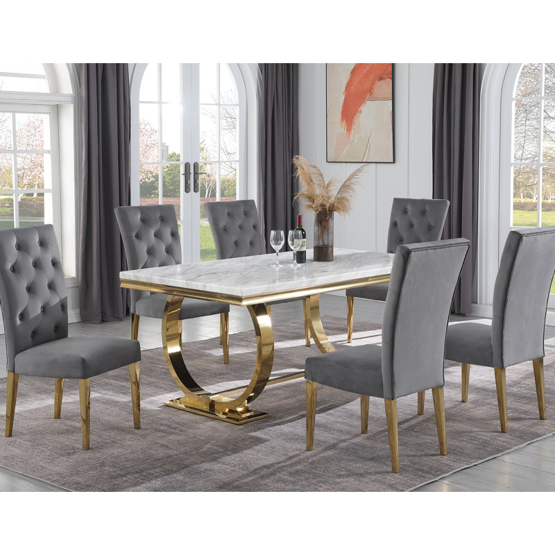 Harlyn 70" Marble Top Metal Base Dining Table (Gold) , Gold