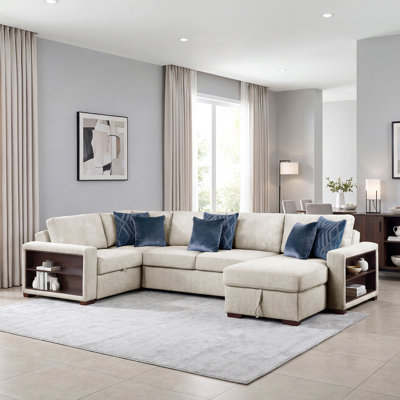 Mischa 140" Modern & Contemporary Microfiber 4-Piece Sectional Sofa with Pull-Out Bed, Built-In Charging Ports & Reversible Chaise