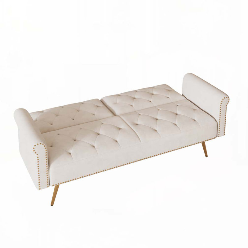 Velvet Fabric Adjustable Sofa Bed, Beige