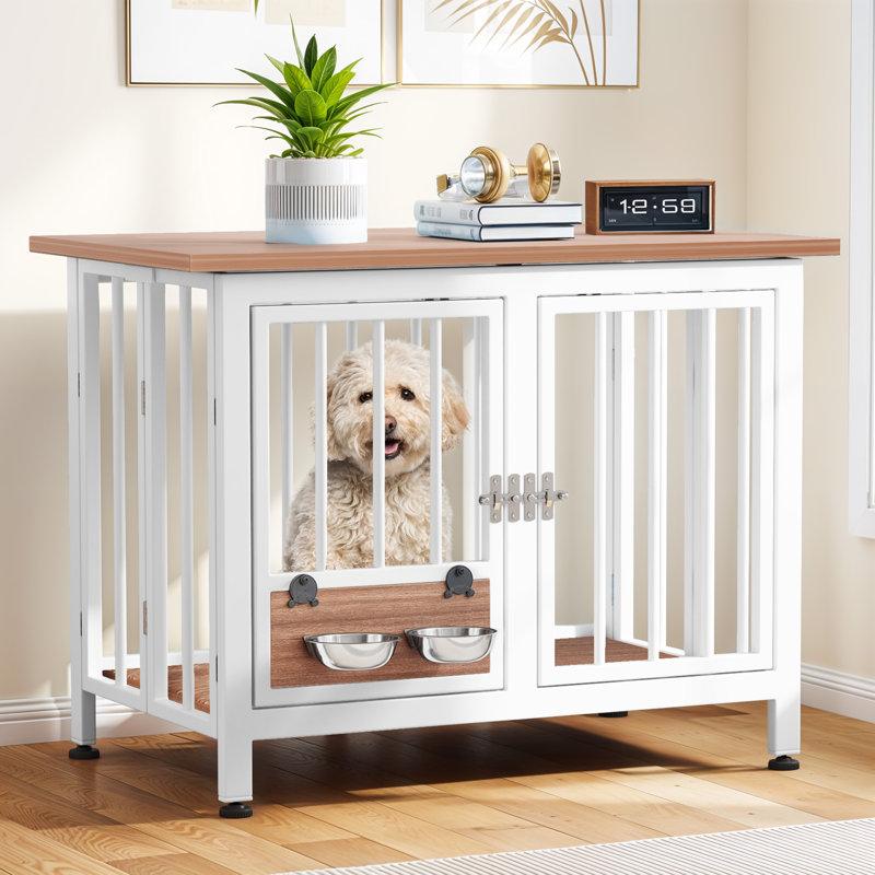  Caisse en métal pliable pour chien avec bols, Moyen (H 24 po x l 33 po x P 20 po), Brun