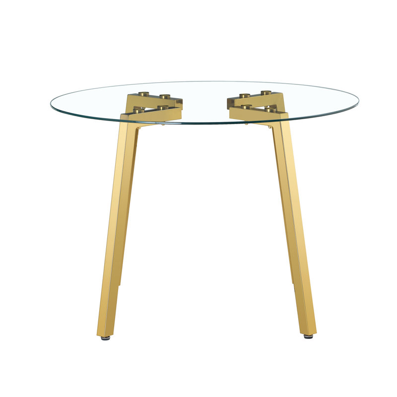 Table de salle à manger en verre trempé transparent avec structure en métal doré, facile à assembler à la maison dans un design contemporain Installation rapide
