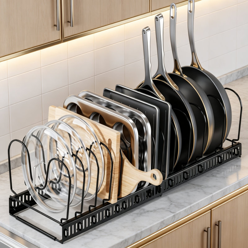 Expandable Pots and Pans Organizer Under Cabinet with 14 Dividers