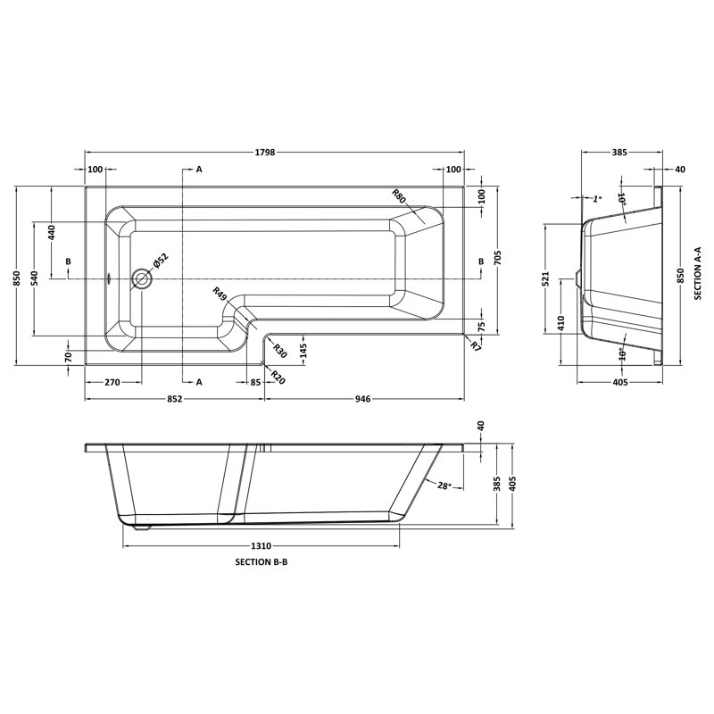 1800mm x 850mm Surface / Recess Soaking Acrylic Bathtub
