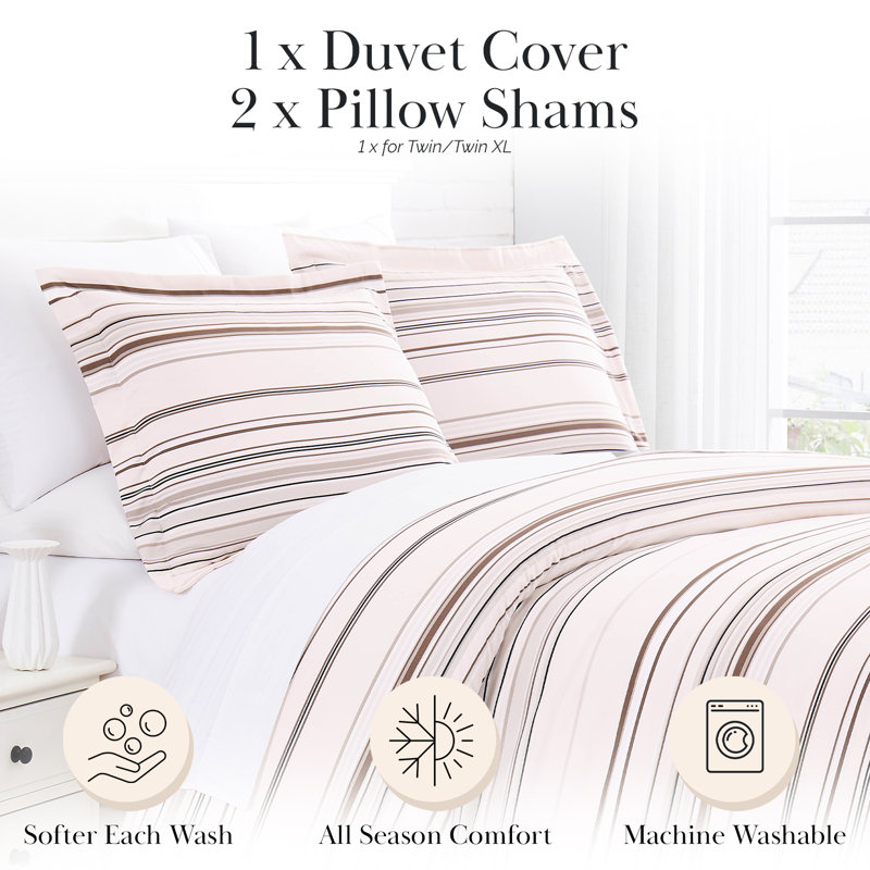 Coastal Stripes Collection Microfiber Reversible Duvet Cover Set, Full/Queen Duvet Cover + 2 Standard Shams, Taupe