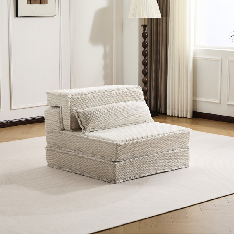 Canapé d'angle modulaire convertible avec oreiller intégré, revêtement en molleton blanc à motifs circulaires, sans assemblage, rembourrage haute résilience, mousse à mémoire de forme haute densité, à monter soi-même.