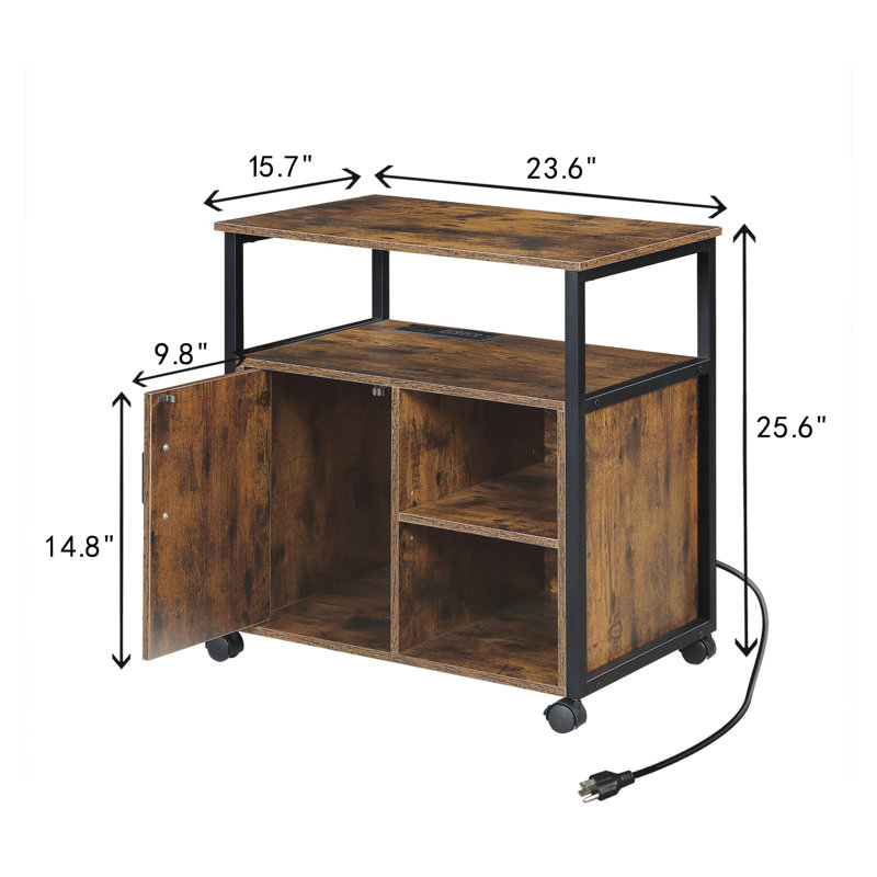 Classeur rustique brun avec station de charge, support pour imprimante avec rangement pour bureau personnel, classeur à cadre métallique pour documents de format A4 / lettre
