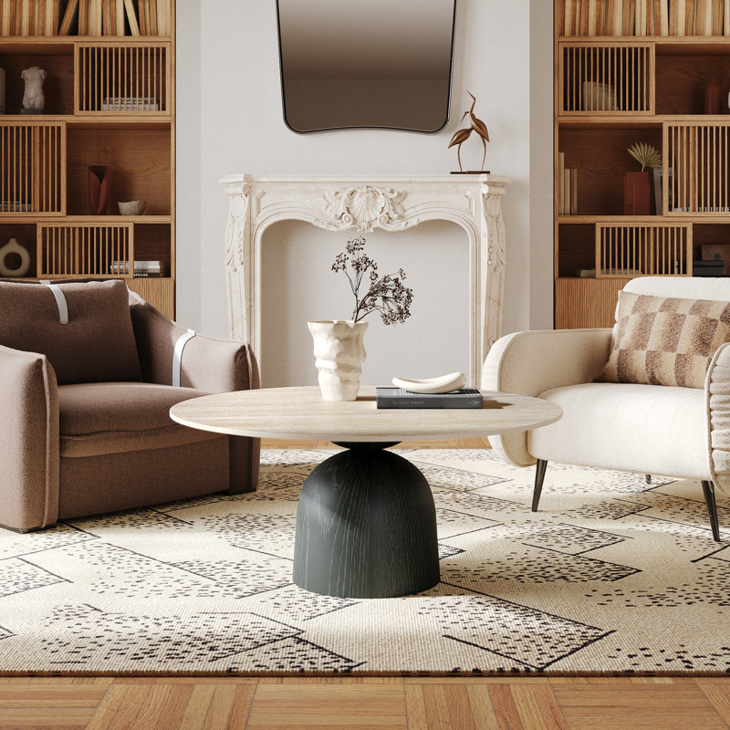 Table basse ronde Meranda avec piédestal en bois massif noyer, H 17,4 po x L 41,73 po x l 41,73 po, Beige, Charcoal Black