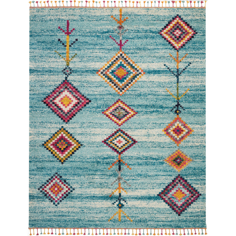 Tapis turquoise Lucina Tribal Bohemian, Rectangle 7 pi 10 po x 10 pi 6 po