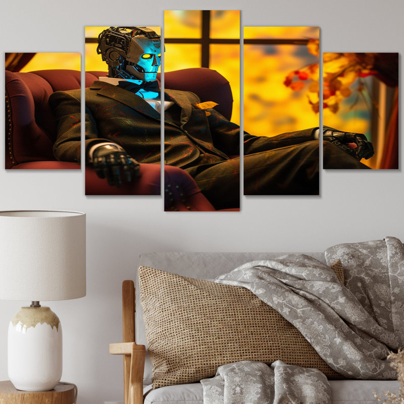 Stylish Humanoid Android Sitting On Couch II - Robot, reproduction d'art sur toile - 5 panneaux