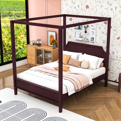 Lit plateforme à baldaquin en bois avec tête de lit intégrée et pieds de soutien renforcés