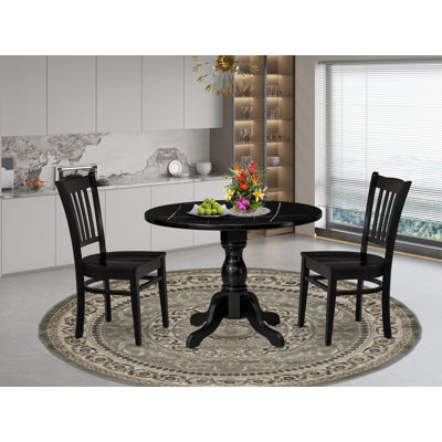 3 pc Kitchen Dining Table Set consists of a Round Table and 2 Wooden Kitchen Chair with Slatted Back - Wirebrushed Black