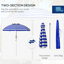 Parasol portatif près de la maison, système réglable en hauteur et inclinable, abri protégé de plus de 40 ans, 2 crochets pour porte-gobelets, rayure bleu blanc avec fonctionnalité et fonction, toit, ventilé