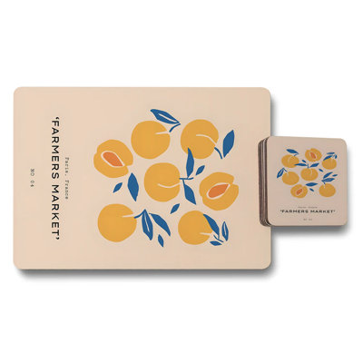 Farmers Market Placemats And Coasters Set In Peach Print With Wood Base Paris France Design Limited Edition