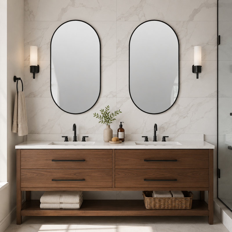 Miroir mural 32 po x 24 po avec cadre mince en aluminium noir mat, H 24 po x l 32 po