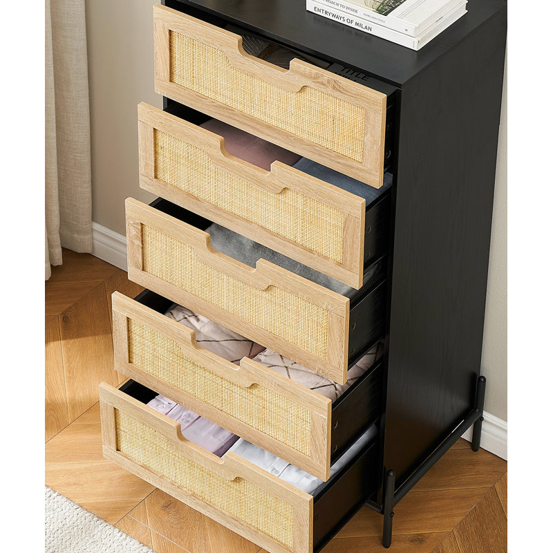 Modern Dresser, 5-Drawer Tall Storage Unit For Bedroom, Living Room, Hallway, And Office, Black, Brown