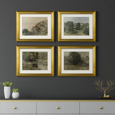 Vintage Landscape XCIX - Matted and Framed Under Glass, Set of 4, Large Living Room Wall Art