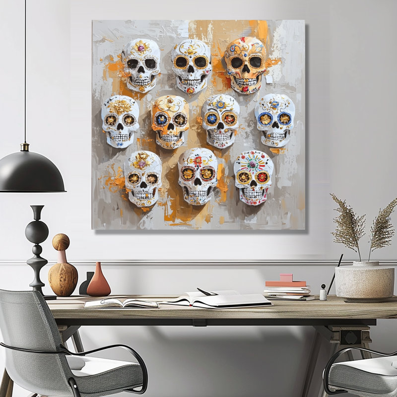 Calavera, jour des morts - impression murale en métal crâne moderne, H 36 po x l 36 po