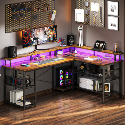 Latarya L-Shaped Desk with Steel Storage Shelves,Reversible Computer Desk with Built-in Outlets and LED Strip Lights