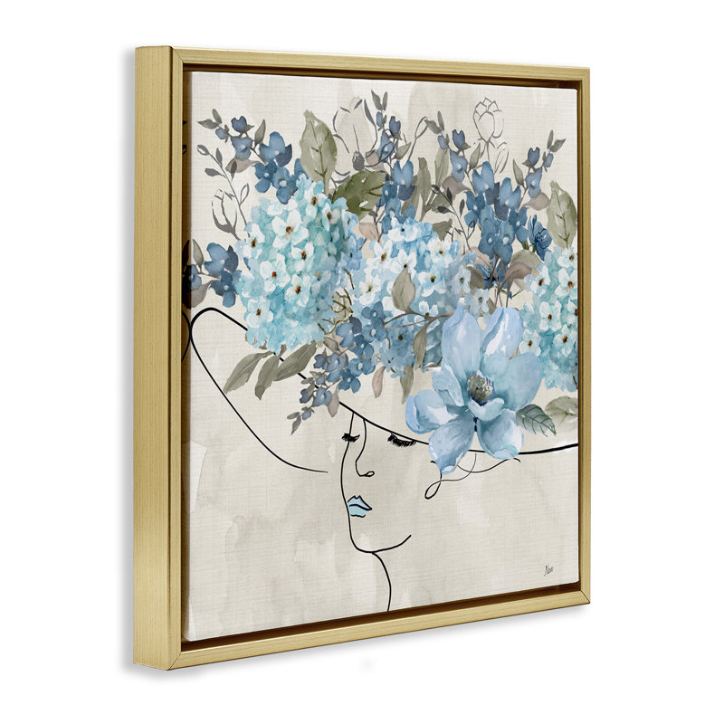 «Blue Floral Hat», encadrée par Nan, Cadre flottant métallique doré, H 25 po x l 25 po