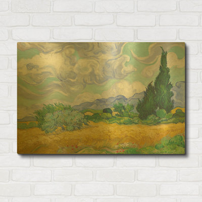 «Champ de blé avec cyprès» par Vincent Van Gogh, art mural en métal doré, 36 po x 24 po