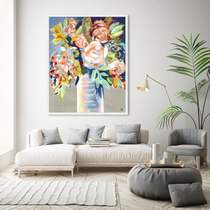 Cadre floral peint à l'orange, H 47 po x l 38 po, Cadre blanc