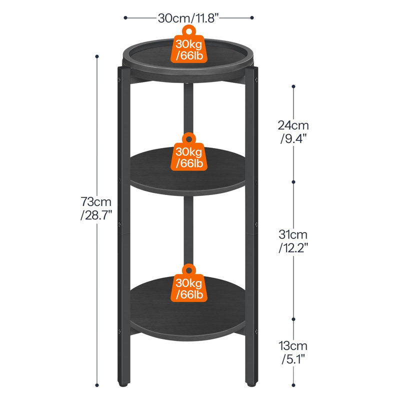 Table d'appoint ronde à 3 niveaux avec table de chevet et tablette de rangement pour petits espaces, Noir, Noir