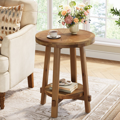 Table de bout ronde en bois massif 19,7 pouces avec rangement ouvert