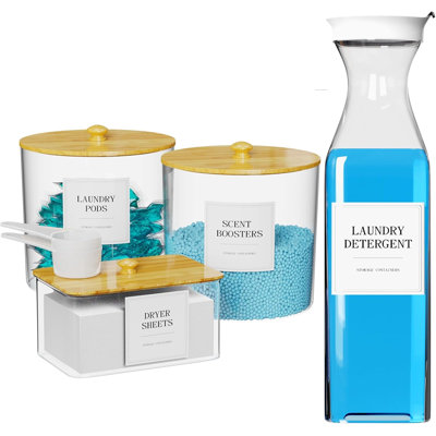 3+1‑Pack Laundry Room Storage Jars with Lids, Laundry Pods, Dryer Sheet Holder & Detergent Dispenser, Includes Labels & Scoops for Powder & Scent Booster