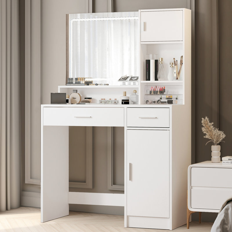 Coiffeuse avec miroir et bande à DEL, commode de rangement à 3 niveaux. Utilisation dans la chambre à coucher. Panneau de particules blanc, chambre à coucher d'une profondeur de 52,92 po X 15,61 po de hauteur