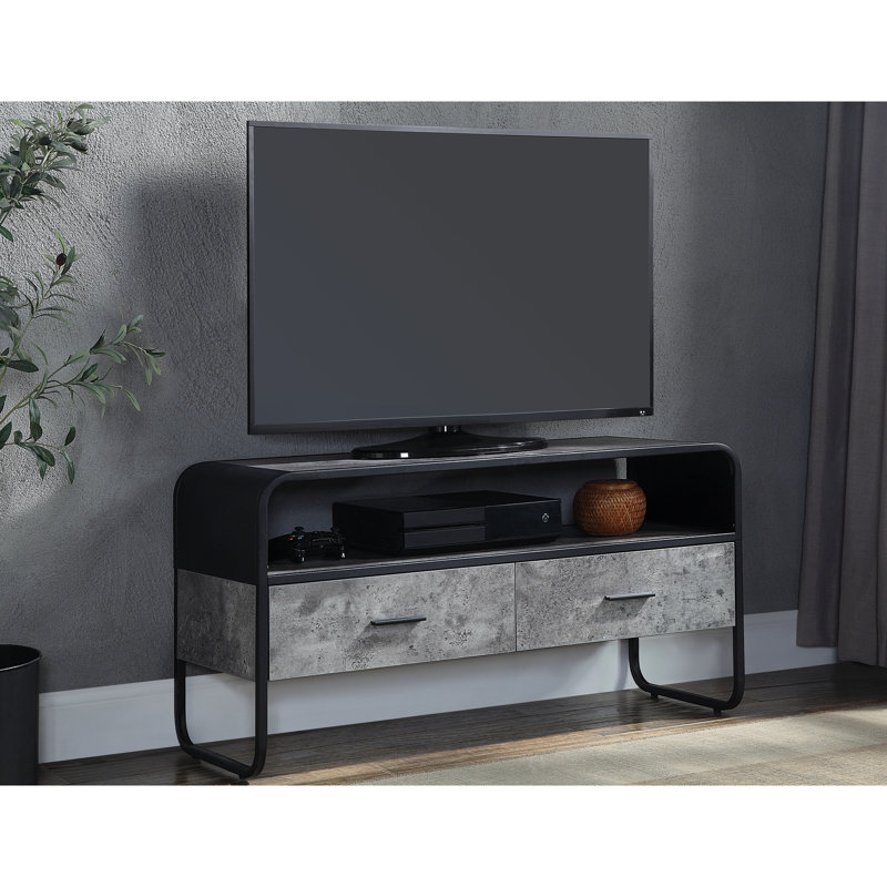 Meuble télé gris et noir béton avec tiroir 1/2 extension et structure en métal pour table de télévision compacte