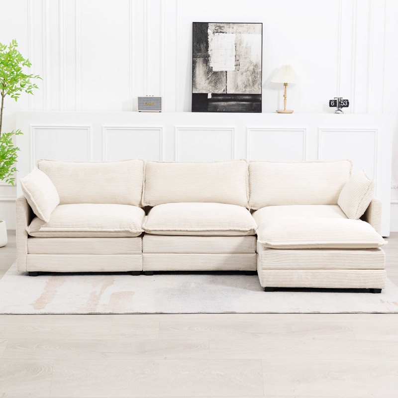 Redenius 4-Piece 112'' Upholstered L-Shape Sectional, Beige Corduroy