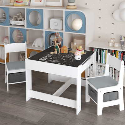 Kids Table and 2 Chairs Set, Multi‑Activity Play Table with Chalkboard Tabletop & Storage Drawer, Toddler Wooden Table Chair Set for Drawing, Reading, Playroom, Nursery