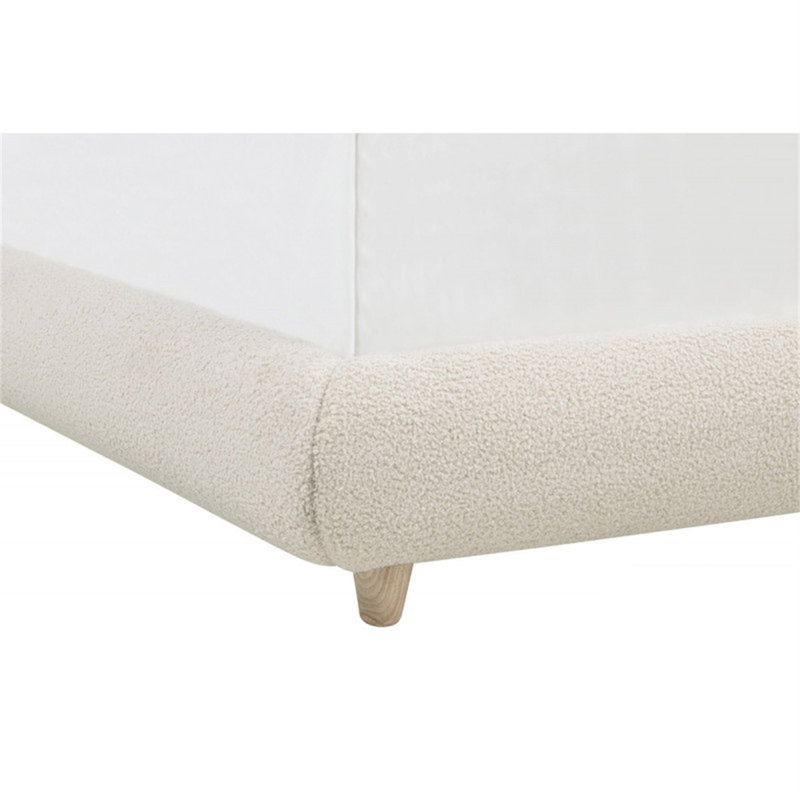 Grand lit plateforme contemporain à profil bas avec revêtement en molleton doux et structure en bois, crème, Crème