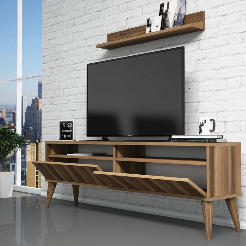 Modern Walnut TV Unit & Wall Shelf Set, 59.1 x 19.7 x 11.8 inches | 100% Melamine Coated Particle Board, Thickness: 0.7 inches | Stylish Design with Multiple Shelves, Easy Wall-Mounting | Perfect for Living Room & Entertainment Spaces
